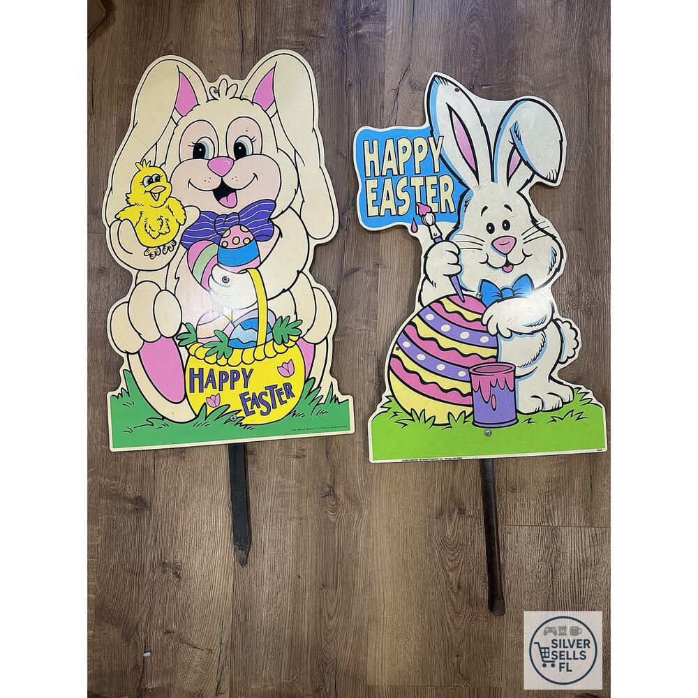 Vintage 2000 Easter Bunny Yard Art Stakes Set of 2 Impact Plastics 36”